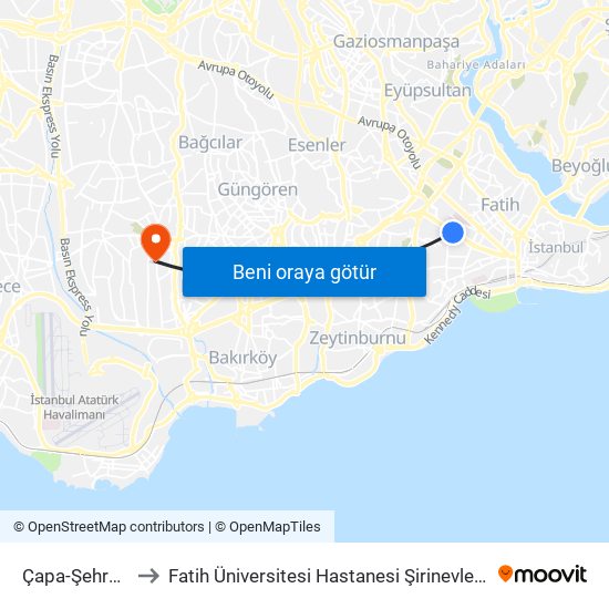 Çapa-Şehremini to Fatih Üniversitesi Hastanesi Şirinevler Ek Binası map