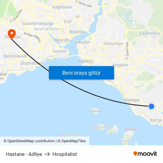 Hastane - Adliye to Hospitalist map