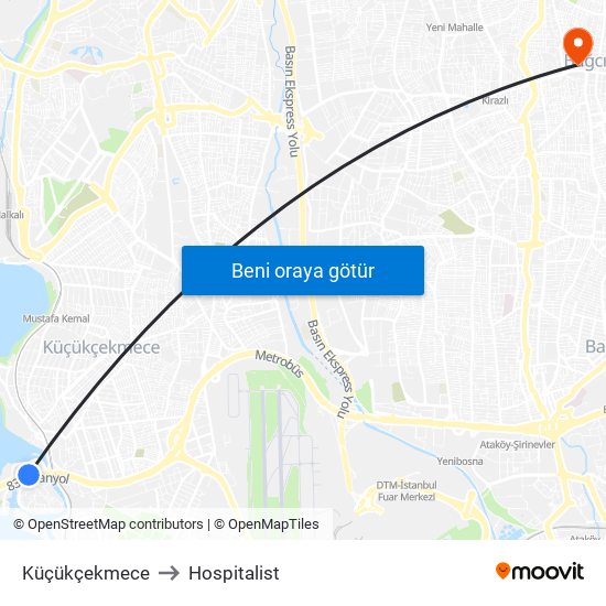 Küçükçekmece to Hospitalist map