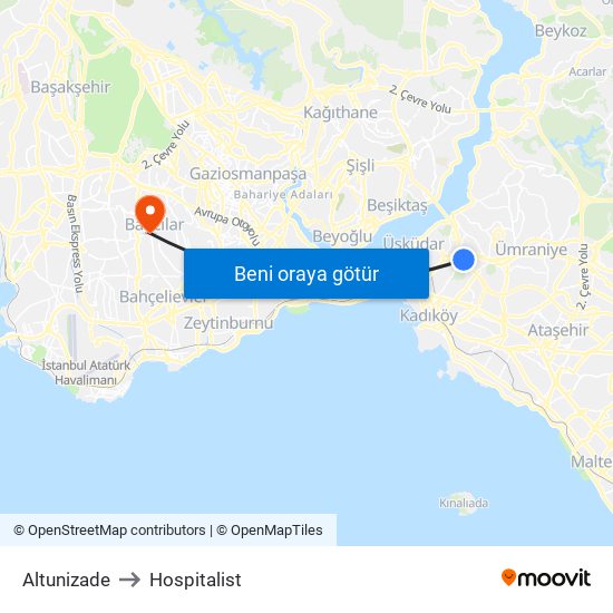Altunizade to Hospitalist map