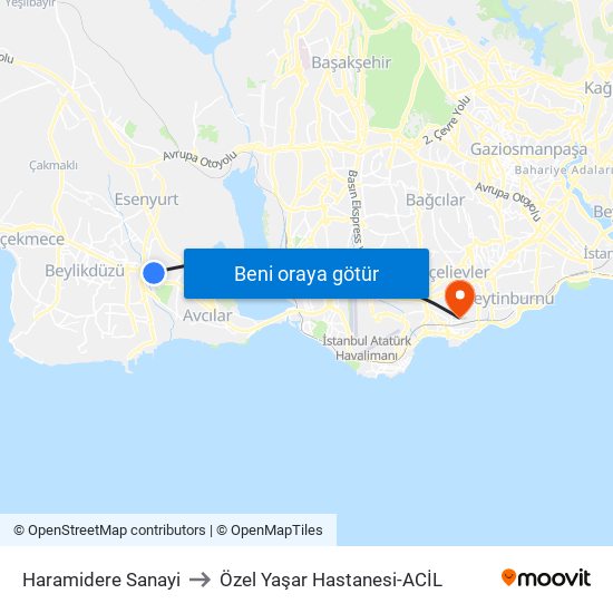 Haramidere Sanayi to Özel Yaşar Hastanesi-ACİL map