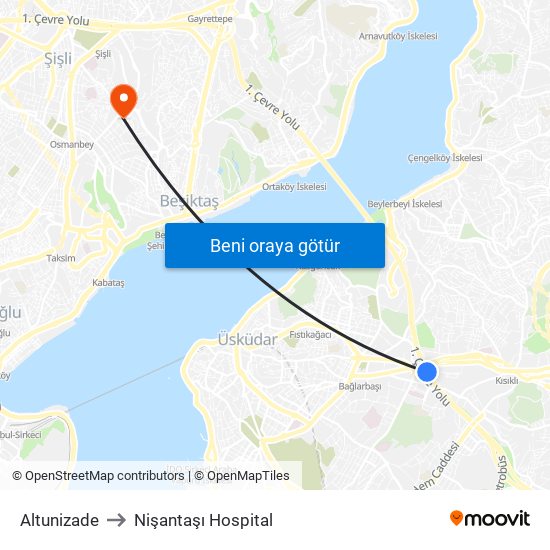 Altunizade to Nişantaşı Hospital map