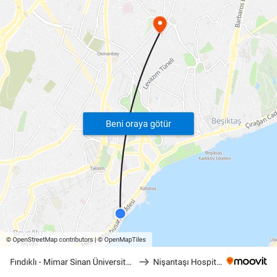 Fındıklı - Mimar Sinan Üniversitesi to Nişantaşı Hospital map