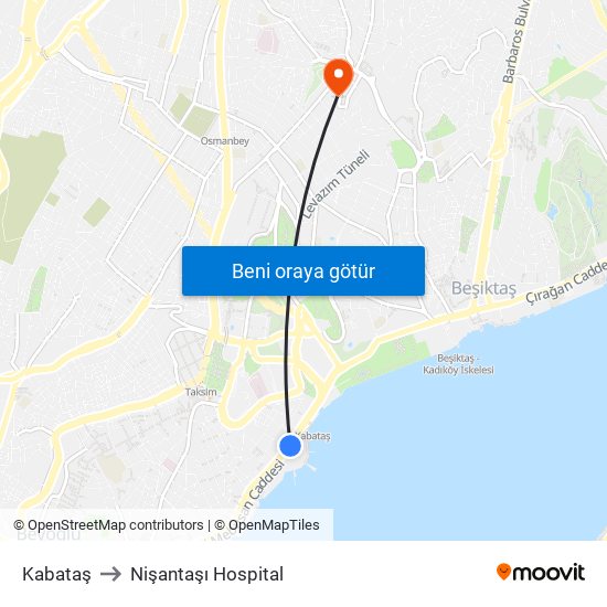Kabataş to Nişantaşı Hospital map