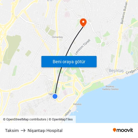 Taksim to Nişantaşı Hospital map