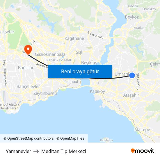 Yamanevler to Meditan Tıp Merkezi map