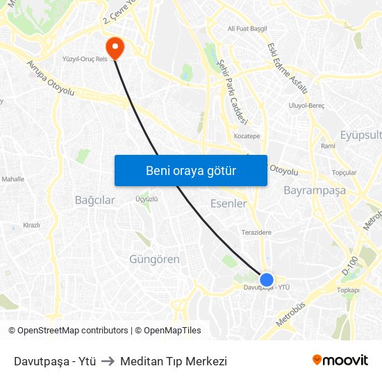 Davutpaşa - Ytü to Meditan Tıp Merkezi map