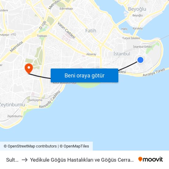 Sultanahmet to Yedikule Göğüs Hastalıkları ve Göğüs Cerrahisi Eğitim ve Araştırma Hastanesi (Yedikule Göğüs Hastal map