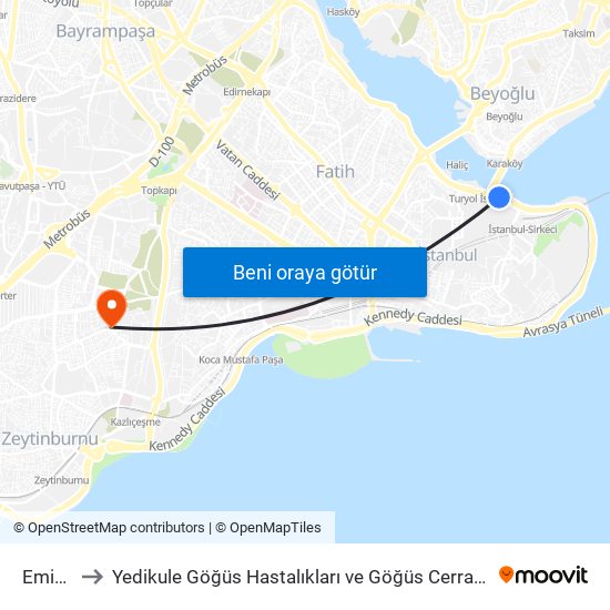 Eminönü (T1) to Yedikule Göğüs Hastalıkları ve Göğüs Cerrahisi Eğitim ve Araştırma Hastanesi (Yedikule Göğüs Hastal map