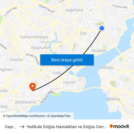 Gayrettepe (M2) to Yedikule Göğüs Hastalıkları ve Göğüs Cerrahisi Eğitim ve Araştırma Hastanesi (Yedikule Göğüs Hastal map