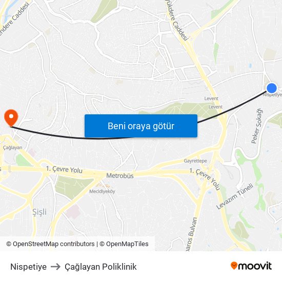 Nispetiye to Çağlayan Poliklinik map