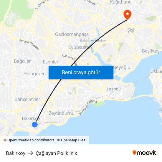 Bakırköy to Çağlayan Poliklinik map