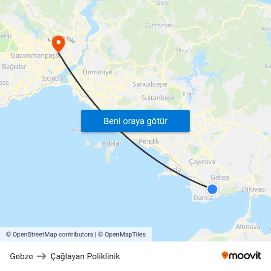 Gebze to Çağlayan Poliklinik map