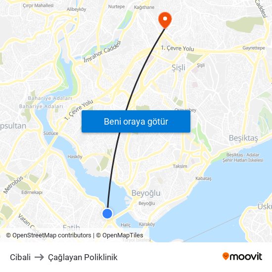 Cibali to Çağlayan Poliklinik map