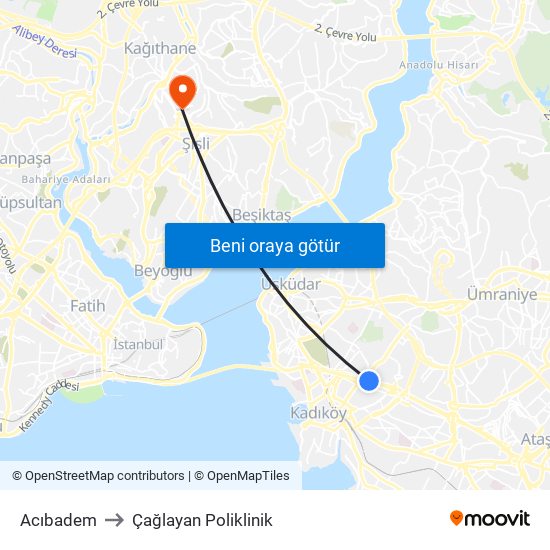 Acıbadem to Çağlayan Poliklinik map