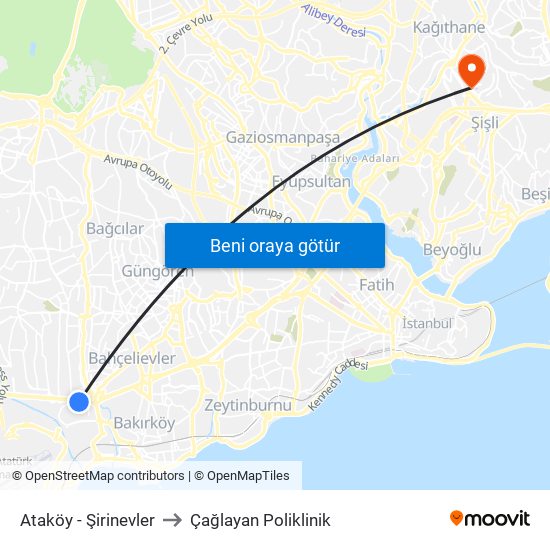 Ataköy - Şirinevler to Çağlayan Poliklinik map