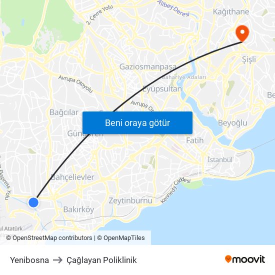 Yenibosna to Çağlayan Poliklinik map