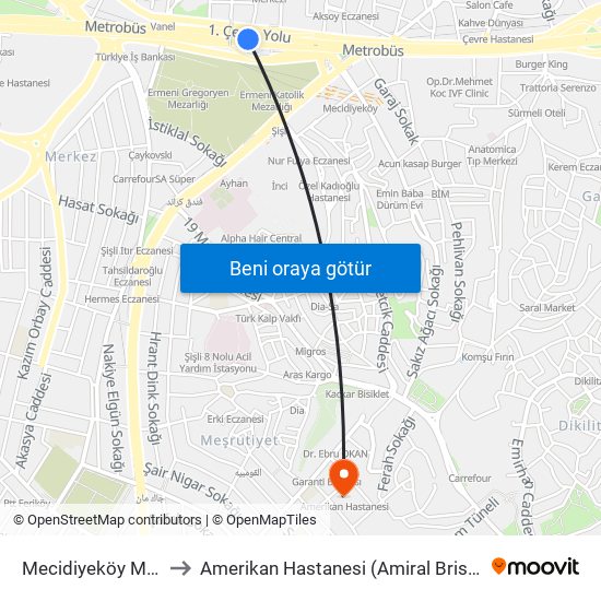 Mecidiyeköy Metrobus to Amerikan Hastanesi (Amiral Bristol Hastanesi) map