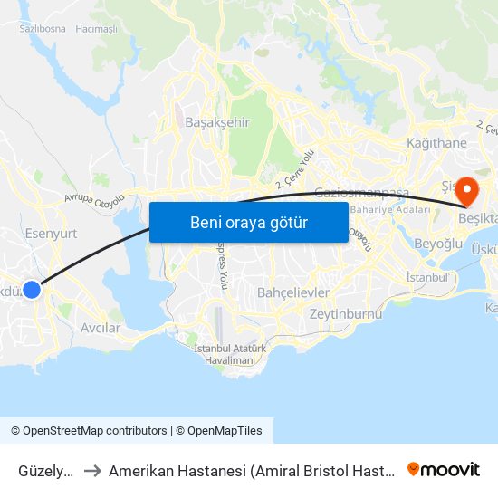 Güzelyurt to Amerikan Hastanesi (Amiral Bristol Hastanesi) map