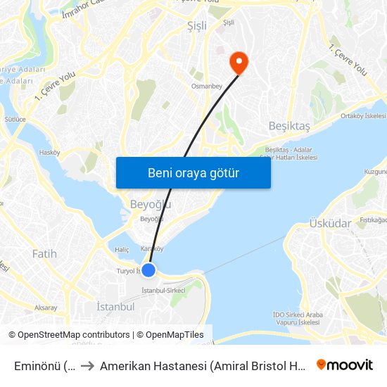 Eminönü (T1) to Amerikan Hastanesi (Amiral Bristol Hastanesi) map