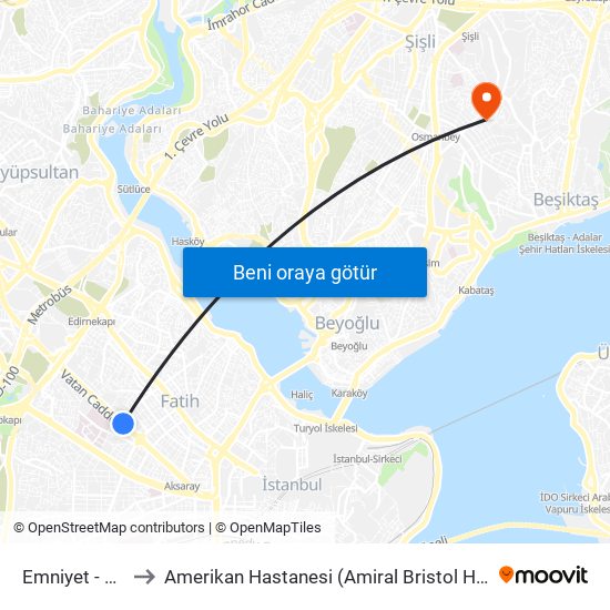 Emniyet - Fatih to Amerikan Hastanesi (Amiral Bristol Hastanesi) map