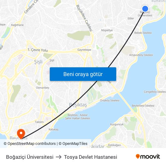 Boğaziçi Üniversitesi to Tosya Devlet Hastanesi map