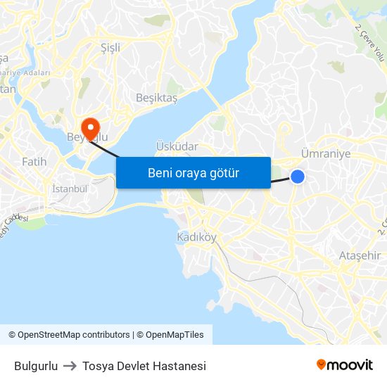 Bulgurlu to Tosya Devlet Hastanesi map