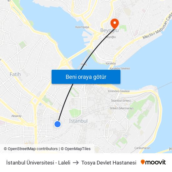 İstanbul Üniversitesi - Laleli to Tosya Devlet Hastanesi map