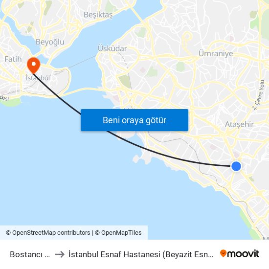 Bostancı (M4) to İstanbul Esnaf Hastanesi (Beyazit Esnaf Hastanesi) map
