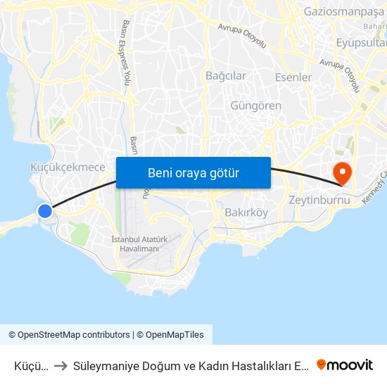 Küçükçekmece to Süleymaniye Doğum ve Kadın Hastalıkları Eğitim ve Araştırma Hastanesi (Süleymaniye Doğum Kadın Hast map