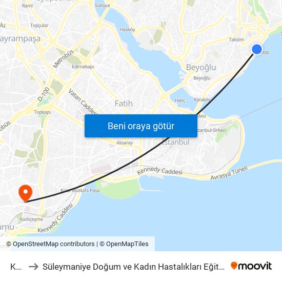 Kabataş to Süleymaniye Doğum ve Kadın Hastalıkları Eğitim ve Araştırma Hastanesi (Süleymaniye Doğum Kadın Hast map