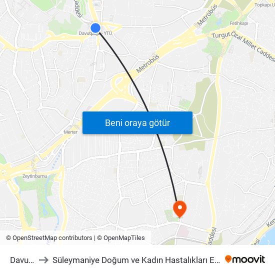 Davutpaşa - Ytü to Süleymaniye Doğum ve Kadın Hastalıkları Eğitim ve Araştırma Hastanesi (Süleymaniye Doğum Kadın Hast map