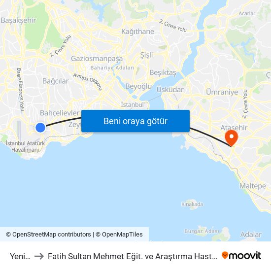 Yenibosna to Fatih Sultan Mehmet Eğit. ve Araştırma Hastanesi (Sultan Mehmet Eğ. & Araş. Hast.) map