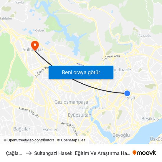 Çağlayan to Sultangazi Haseki Eğitim Ve Araştırma Hastanesi map