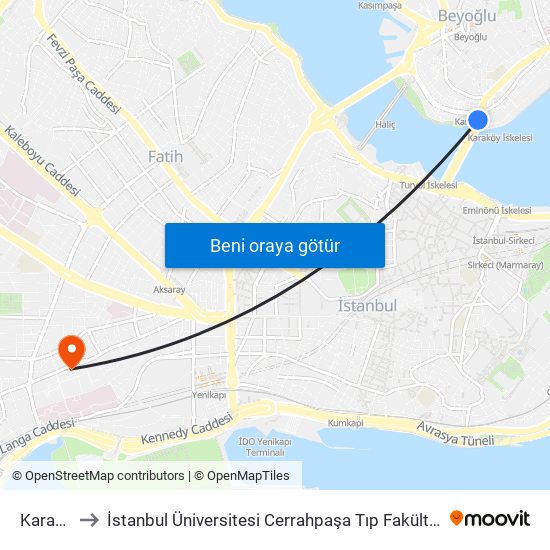 Karaköy (T1) to İstanbul Üniversitesi Cerrahpaşa Tıp Fakültesi Hastanesi (Cerrahpaşa Tıp Fak. Hast.) map