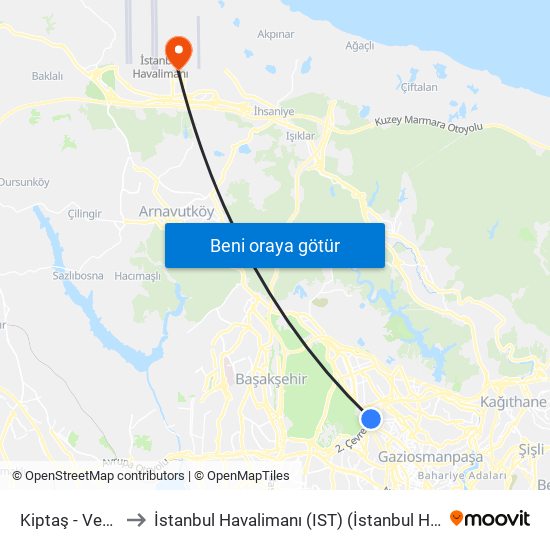 Kiptaş - Venezia to İstanbul Havalimanı (IST) (İstanbul Havalimanı) map