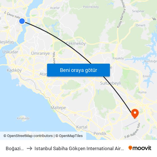 Boğaziçi Üniversitesi to Istanbul Sabiha Gökçen International Airport (SAW) (İstanbul Sabiha Gökçen Uluslararası Havalimanı) map