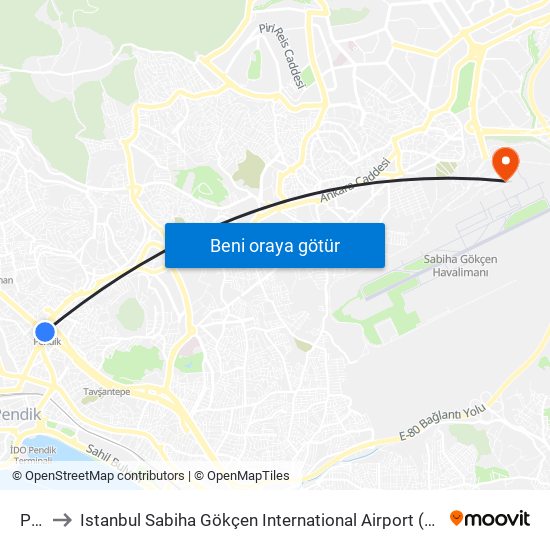Pendik to Istanbul Sabiha Gökçen International Airport (SAW) (İstanbul Sabiha Gökçen Uluslararası Havalimanı) map