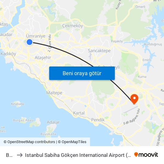 Bulgurlu to Istanbul Sabiha Gökçen International Airport (SAW) (İstanbul Sabiha Gökçen Uluslararası Havalimanı) map