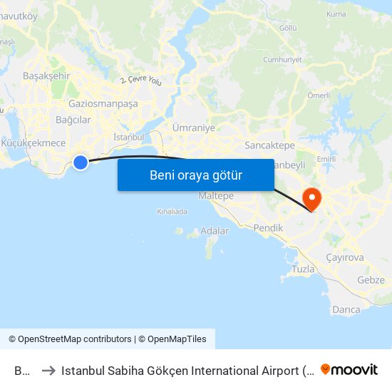 Bakırköy to Istanbul Sabiha Gökçen International Airport (SAW) (İstanbul Sabiha Gökçen Uluslararası Havalimanı) map