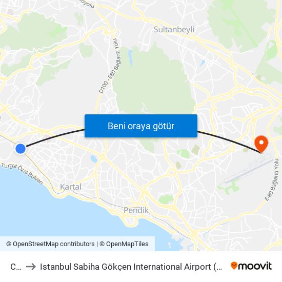 Cevizli to Istanbul Sabiha Gökçen International Airport (SAW) (İstanbul Sabiha Gökçen Uluslararası Havalimanı) map