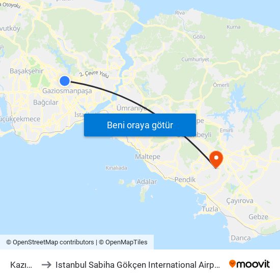 Kazım Karabekir to Istanbul Sabiha Gökçen International Airport (SAW) (İstanbul Sabiha Gökçen Uluslararası Havalimanı) map