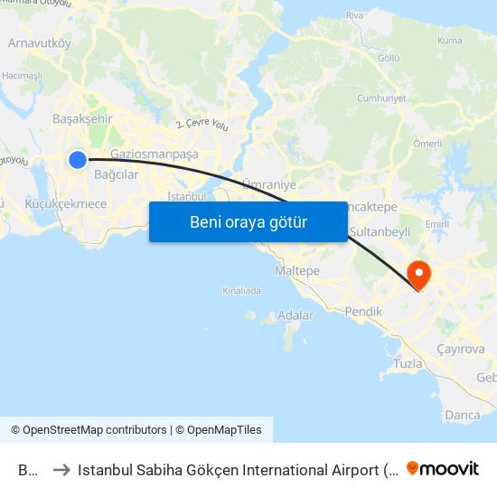 Bahariye to Istanbul Sabiha Gökçen International Airport (SAW) (İstanbul Sabiha Gökçen Uluslararası Havalimanı) map