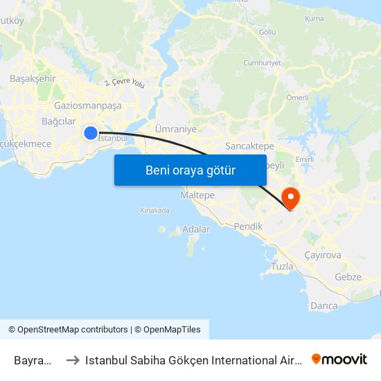 Bayrampaşa-Maltepe to Istanbul Sabiha Gökçen International Airport (SAW) (İstanbul Sabiha Gökçen Uluslararası Havalimanı) map