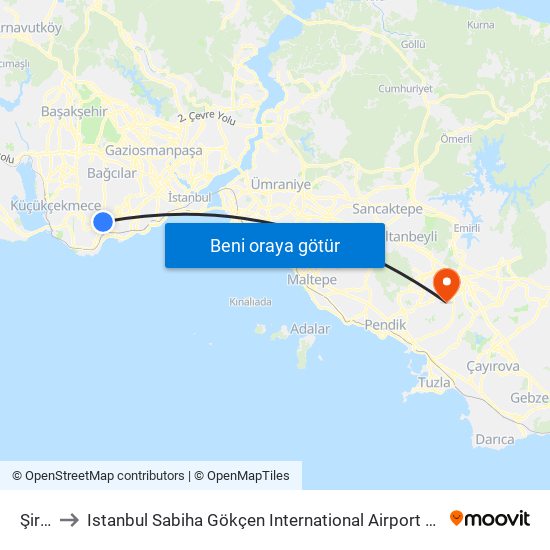 Şirinevler to Istanbul Sabiha Gökçen International Airport (SAW) (İstanbul Sabiha Gökçen Uluslararası Havalimanı) map