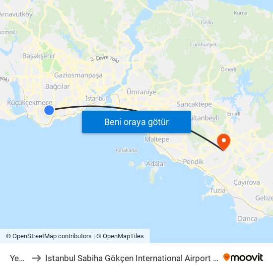 Yenibosna to Istanbul Sabiha Gökçen International Airport (SAW) (İstanbul Sabiha Gökçen Uluslararası Havalimanı) map