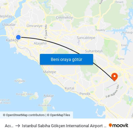 Acıbadem to Istanbul Sabiha Gökçen International Airport (SAW) (İstanbul Sabiha Gökçen Uluslararası Havalimanı) map
