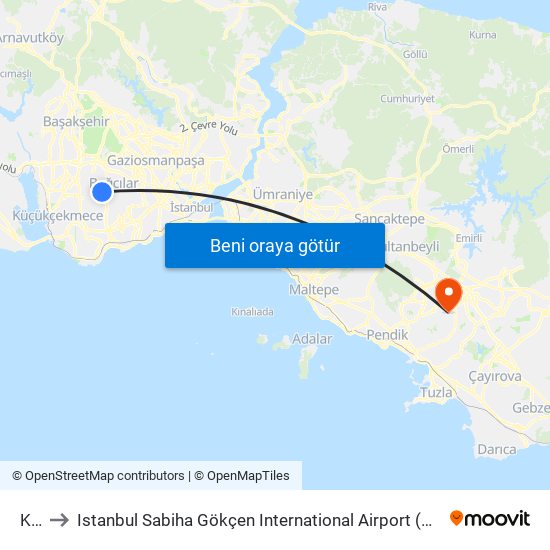Kirazlı to Istanbul Sabiha Gökçen International Airport (SAW) (İstanbul Sabiha Gökçen Uluslararası Havalimanı) map