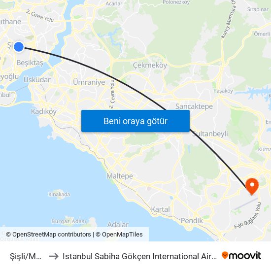Şişli/Mecidiyeköy (M2) to Istanbul Sabiha Gökçen International Airport (SAW) (İstanbul Sabiha Gökçen Uluslararası Havalimanı) map