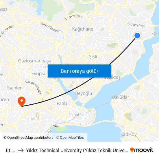 Etiler to Yıldız Technical University (Yıldız Teknik Üniversitesi) map